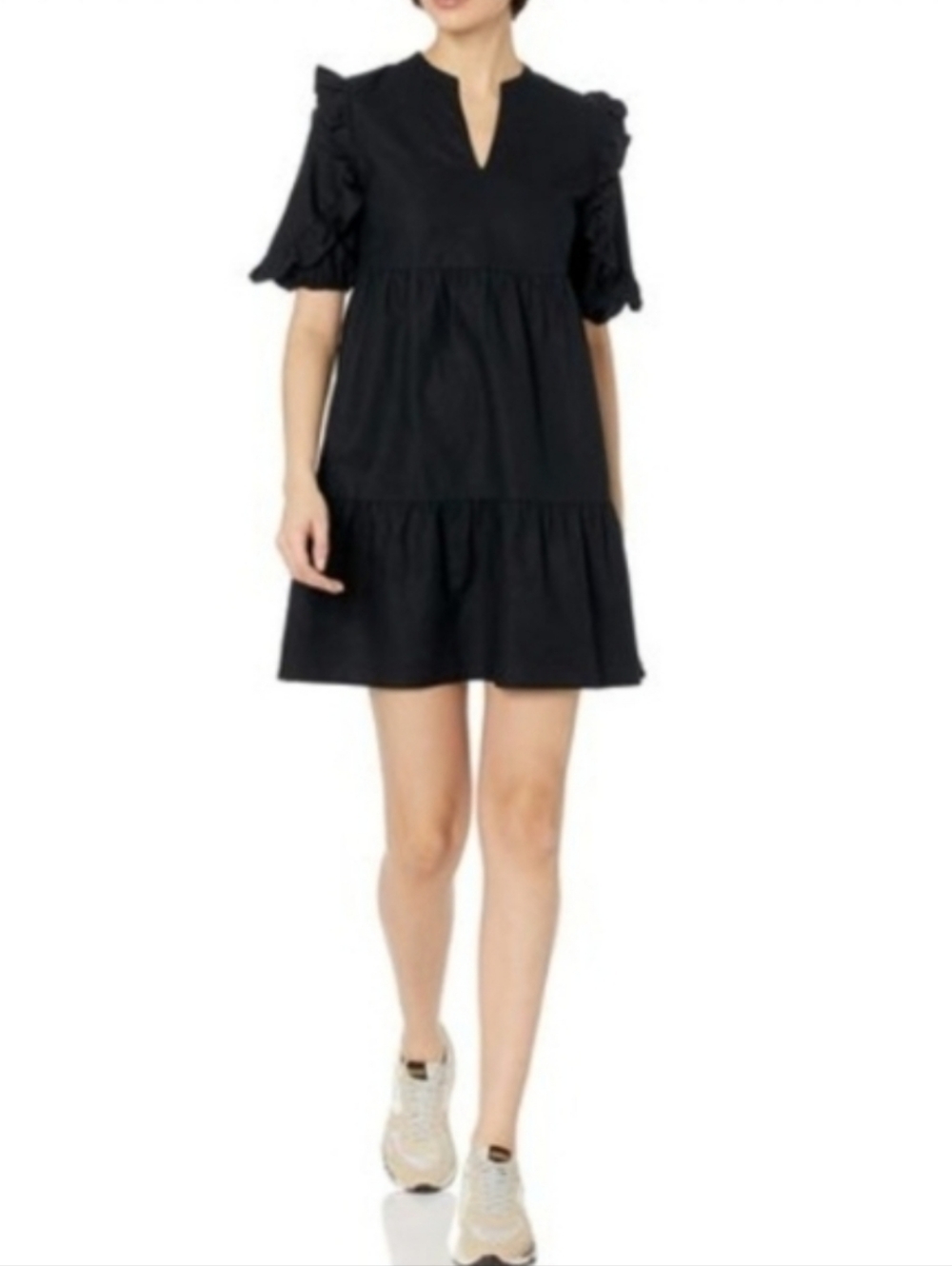 Goodthreads Women's Black Midi Dress Ruffle Sleeve V Neck Tiered Casual, Large